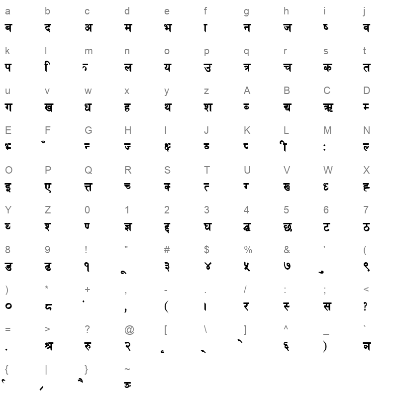 Preeti Bold Character Map