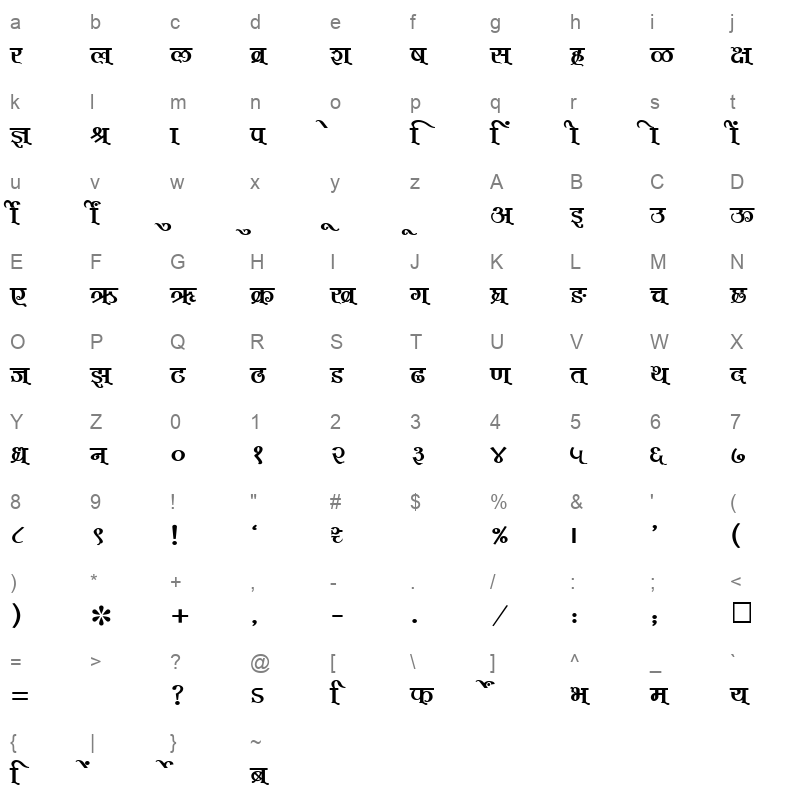 SHREE DEV 0749 Regular Character Map