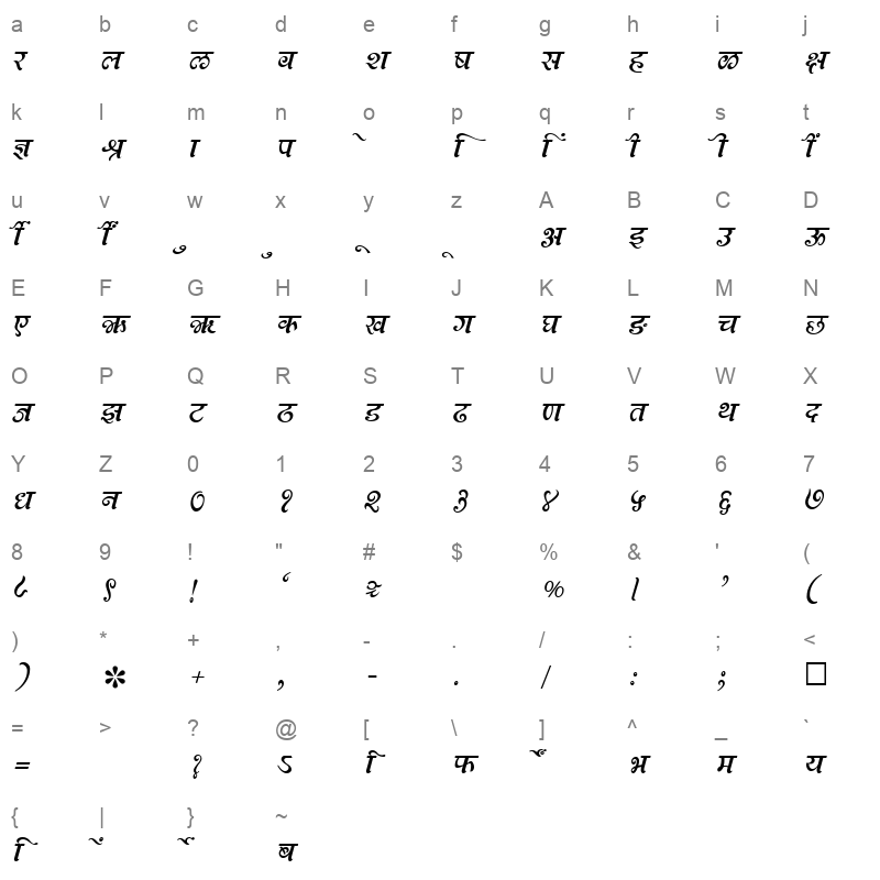 SHREE DEV 0974 Regular Character Map