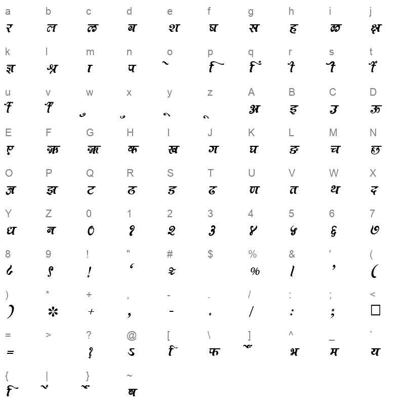 SHREE DEV 0975 Regular Character Map