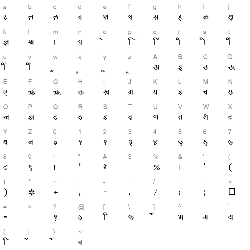 SHREE DEV 0990 Regular Character Map