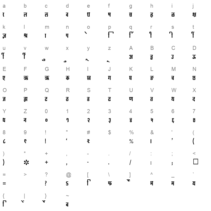 SHREE DEV 0999 Regular Character Map