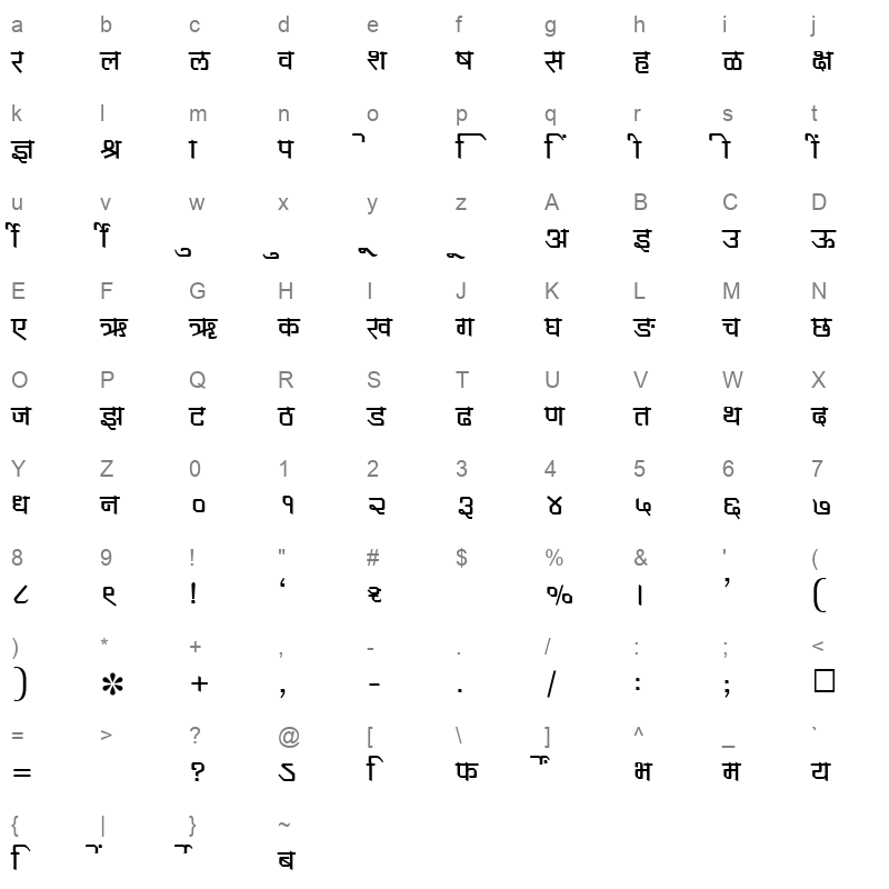 SHREE DEV 1006 Regular Character Map