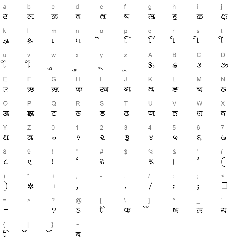 SHREE DEV 1012 Regular Character Map