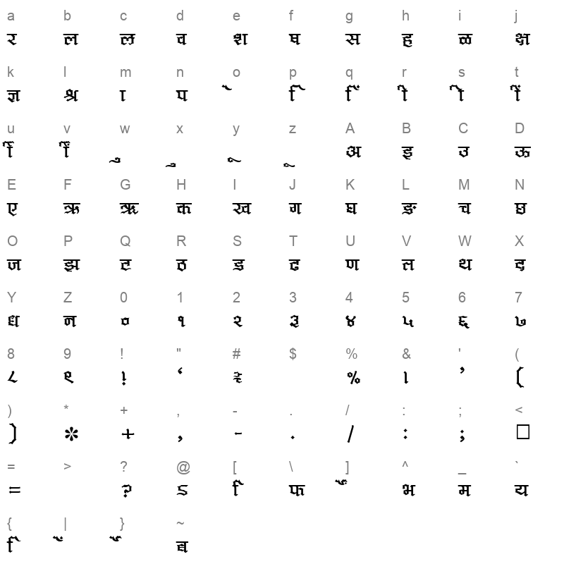 SHREE DEV 1014 Regular Character Map