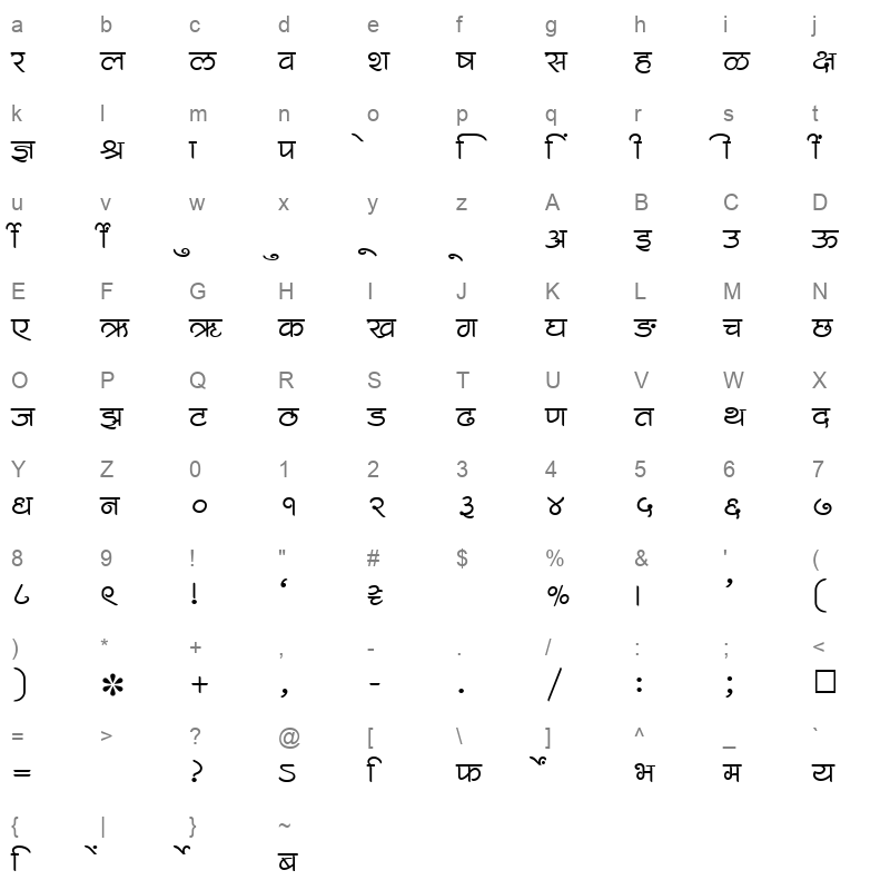 SHREE DEV 1020 Regular Character Map