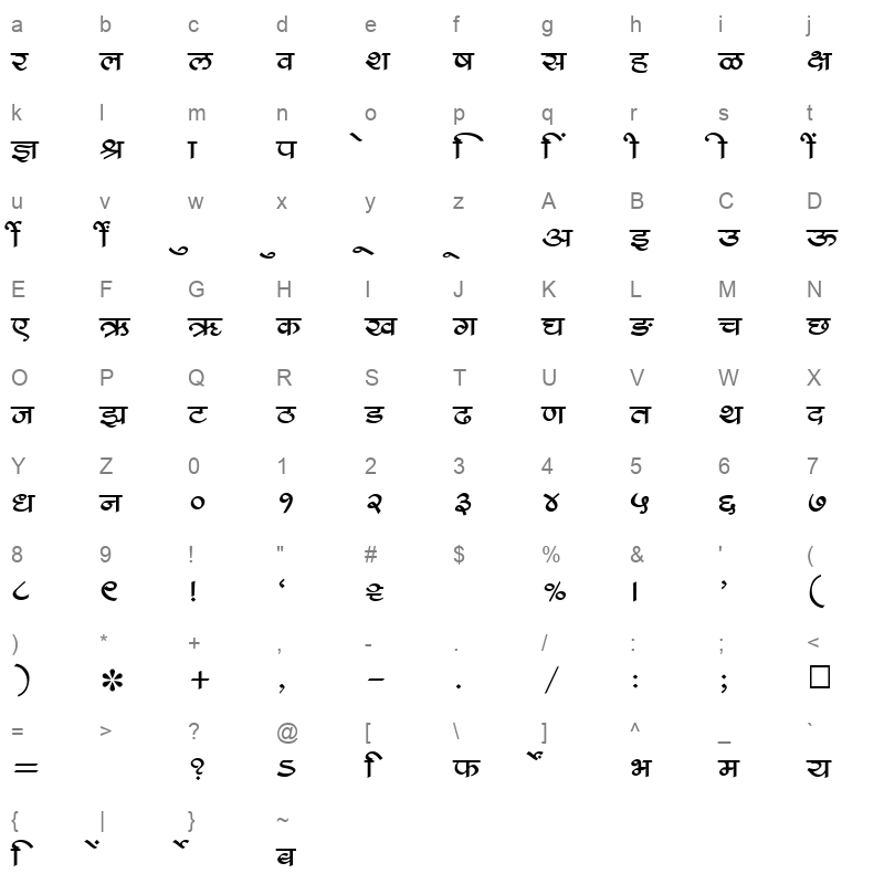 SHREE DEV 1031 Regular Character Map