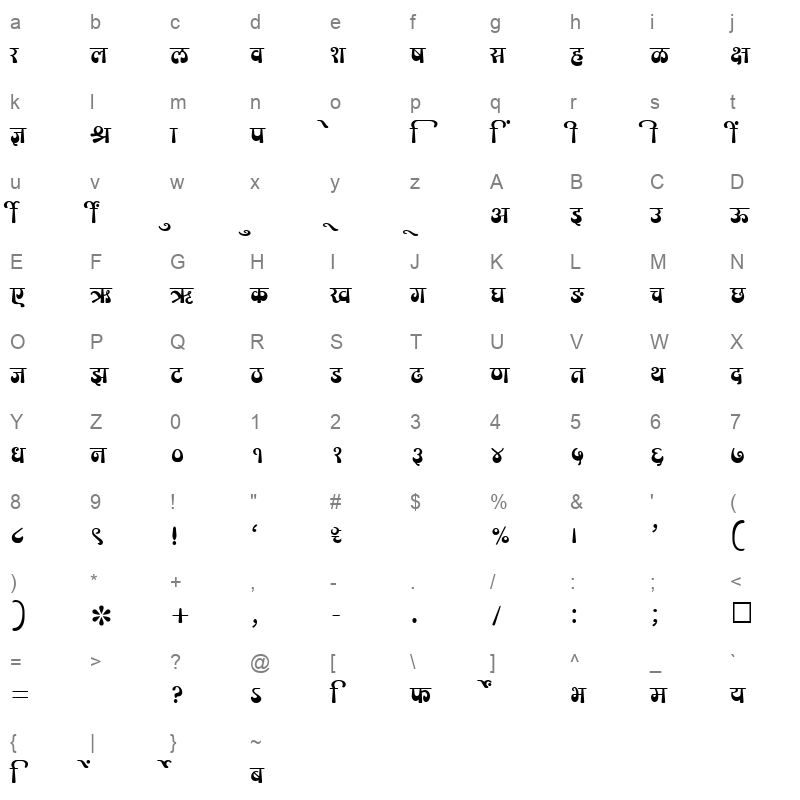 SHREE DEV 1036 Regular Character Map