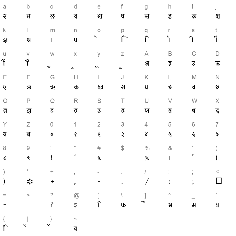 SHREE DEV 1037 Regular Character Map
