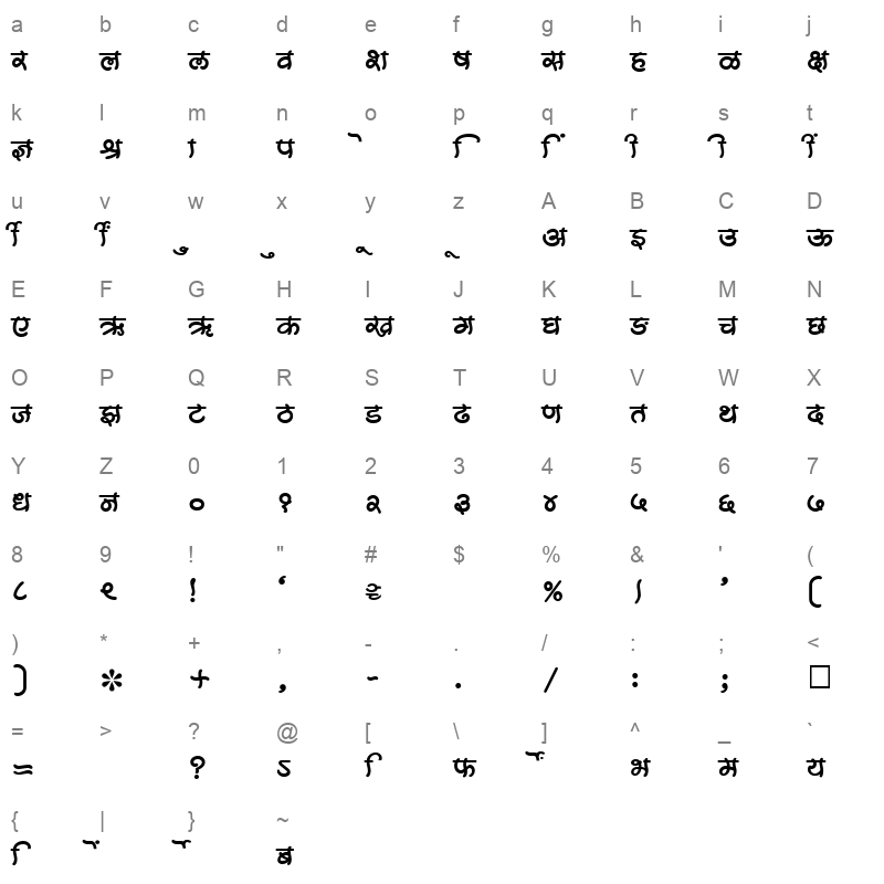 SHREE DEV 1042 Regular Character Map