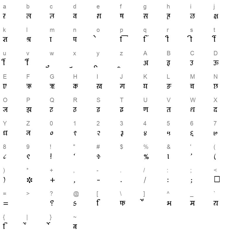 SHREE DEV 1062 Regular Character Map