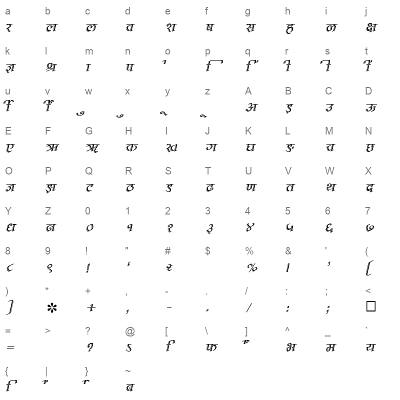 SHREE DEV 1073 Regular Character Map