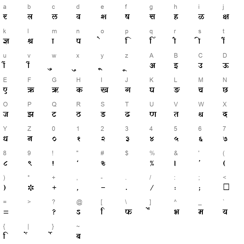 SHREE DEV 1089 Regular Character Map