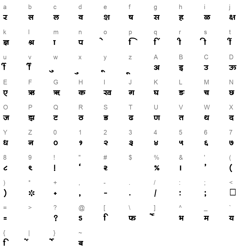 SHREE DEV 1203 Regular Character Map