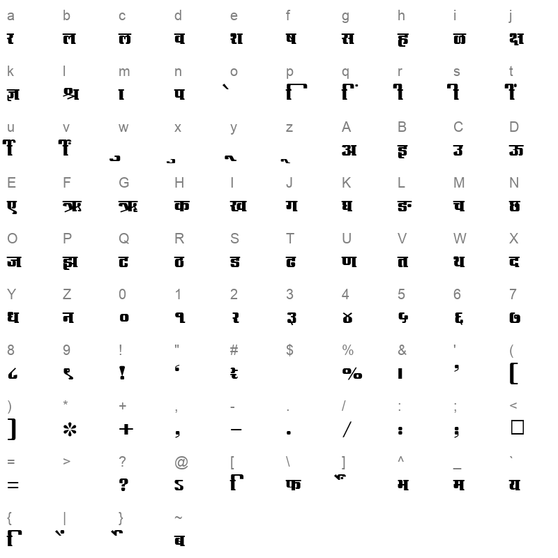 SHREE DEV 1240 Regular Character Map