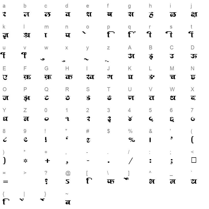 SHREE DEV 1254 Regular Character Map