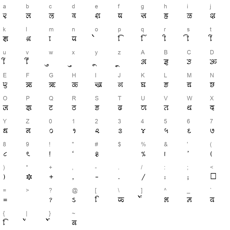 SHREE DEV 1259 Regular Character Map
