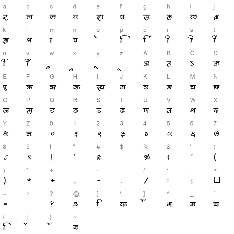 SHREE DEV 1262 Regular Character Map