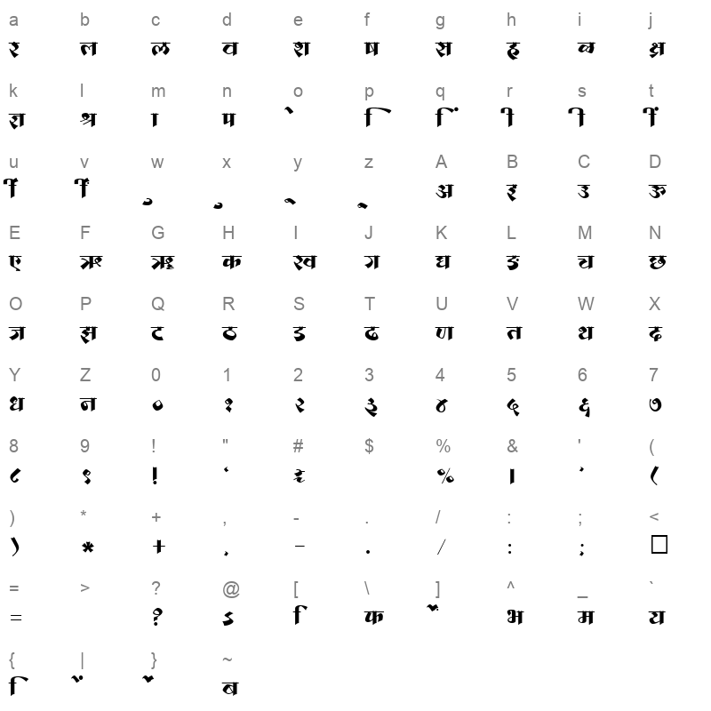 SHREE DEV 1270 Regular Character Map
