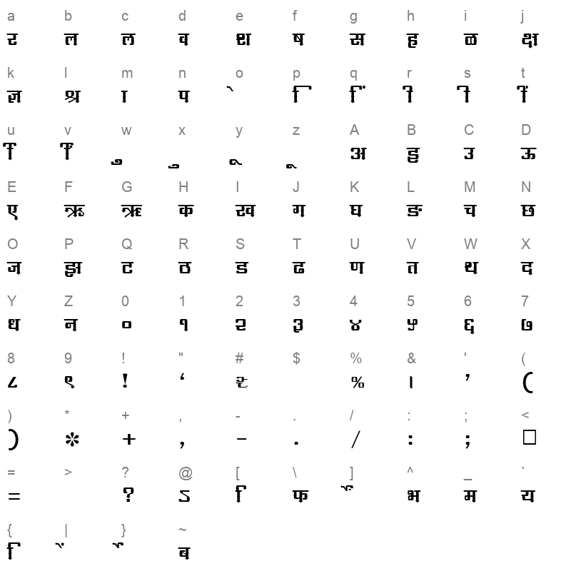 SHREE DEV 1291 Regular Character Map
