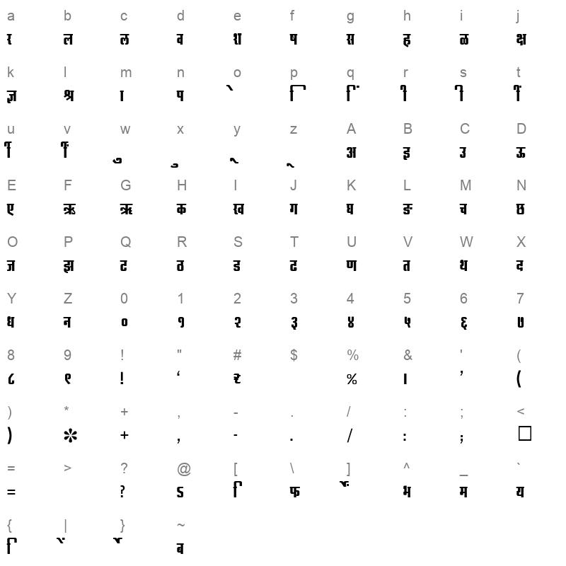 SHREE DEV 1299 Regular Character Map