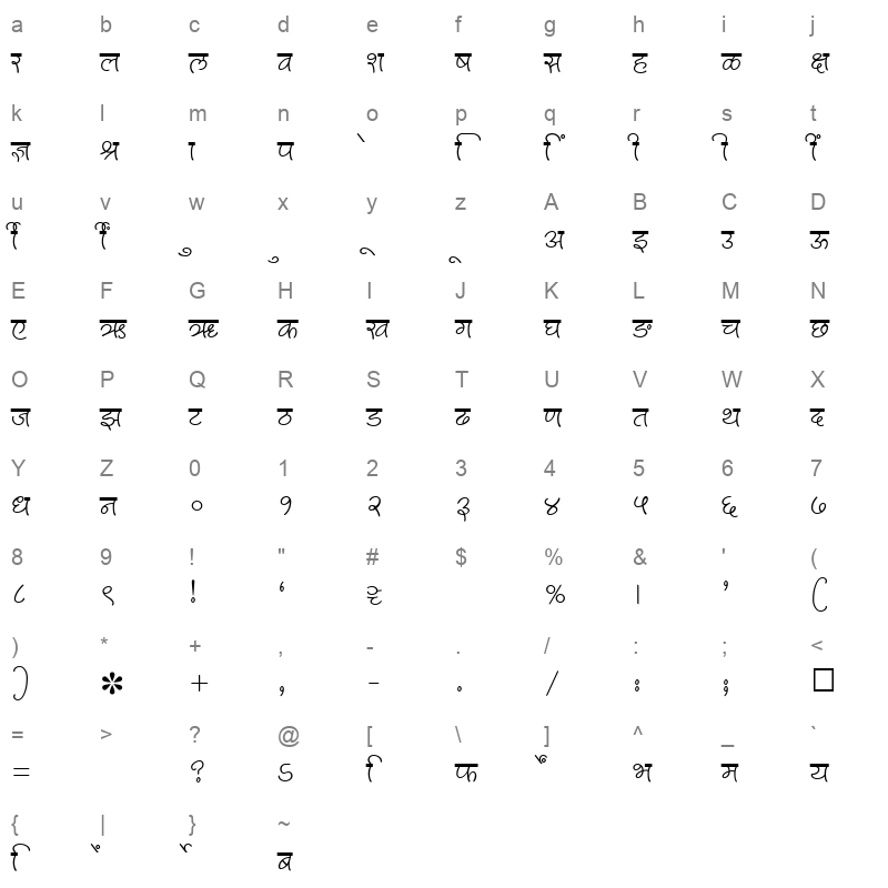 SHREE DEV 2312 Regular Character Map