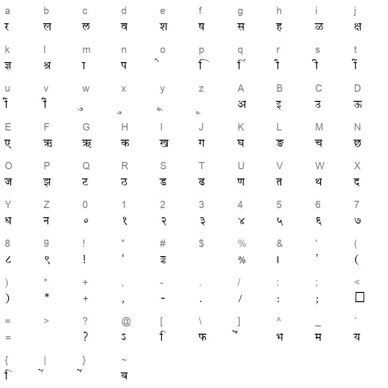 SHREE DEV 2335 Regular Character Map