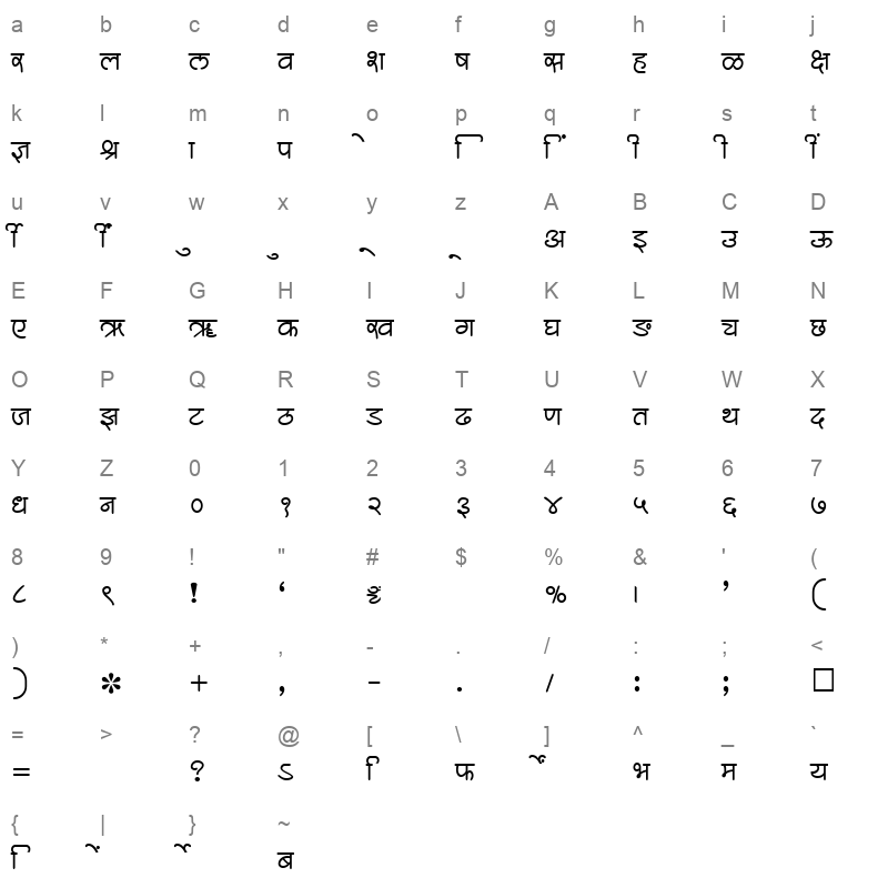 SHREE DEV 2380 Regular Character Map