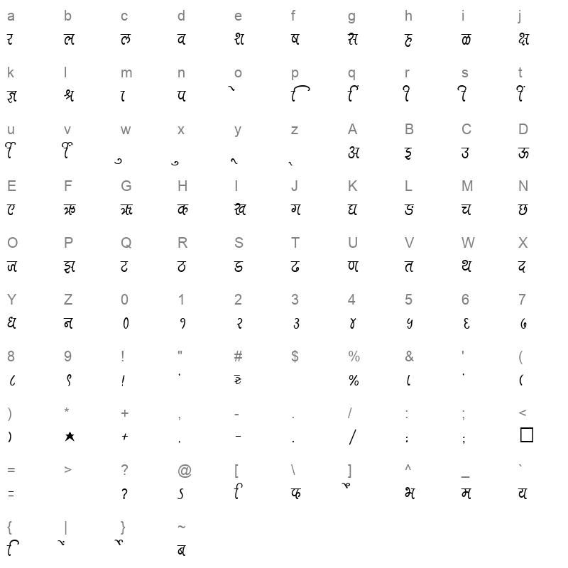SHREE DEV 2382 Regular Character Map