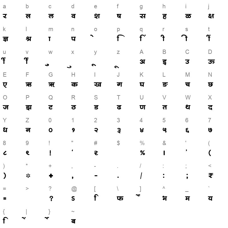 SHREE DEV7 1203 Regular Character Map