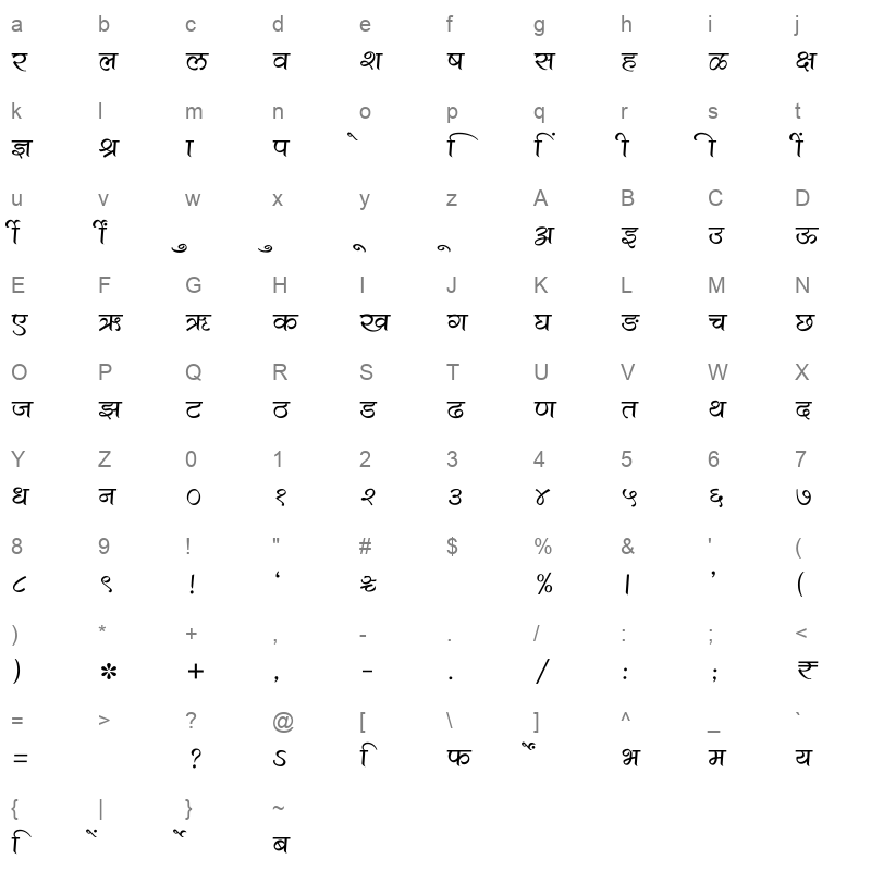 SHREE DEV7 1206 Regular Character Map