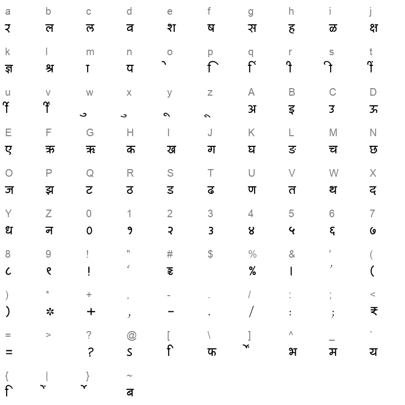 SHREE DEV7 4581 Regular Character Map