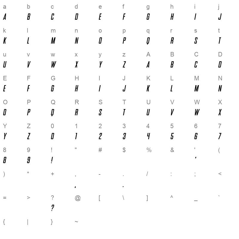 SNES Italic Character Map